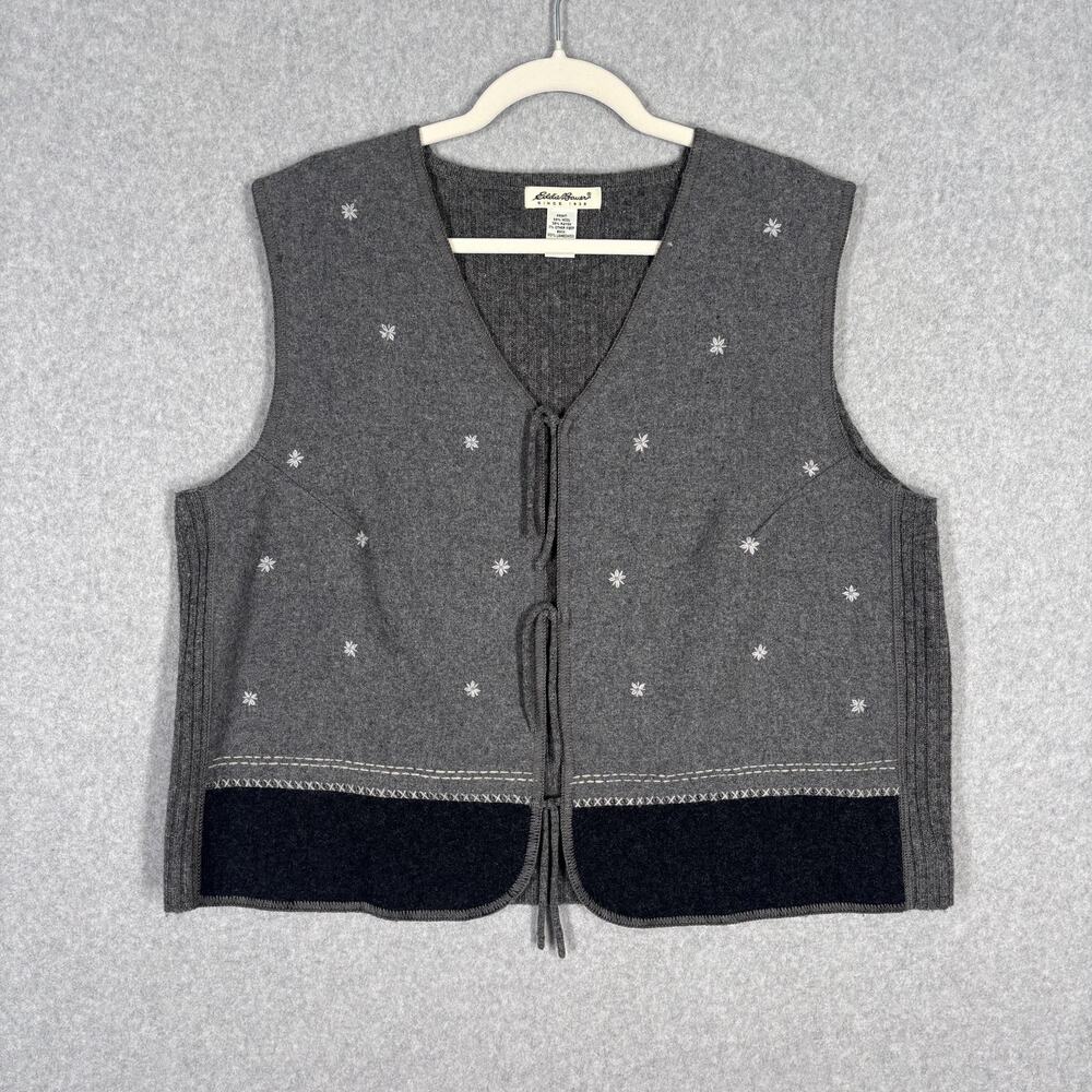 Eddie Bauer‎ Lambswool Sweater Vest XL Embroidered Flower Stitch Boiled Heritage